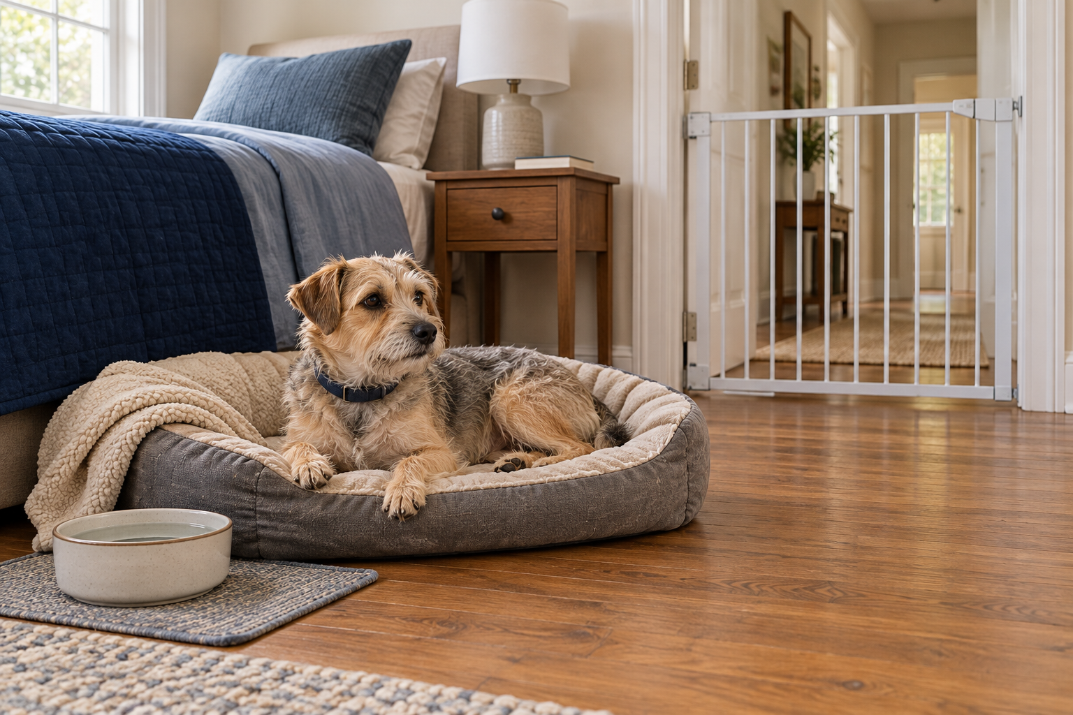 A tan-and-gray terrier resting on a bed beside a water bowl in a guest bedroom with a closed pet gate.