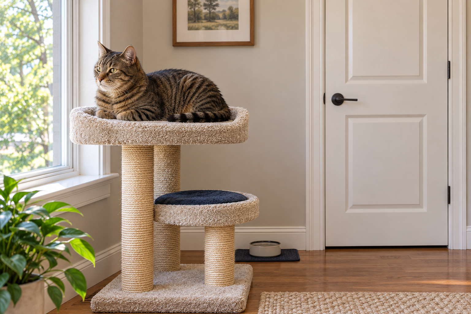 Resident cat in a quiet room A brown tabby cat resting on a cat tree beside a window in a quiet room with the interior door closed.