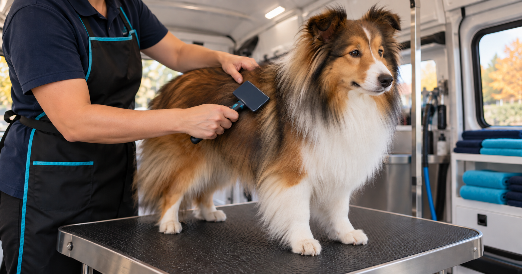 Groomer gently brushing a Sheltie on a grooming table inside a mobile pet spa.