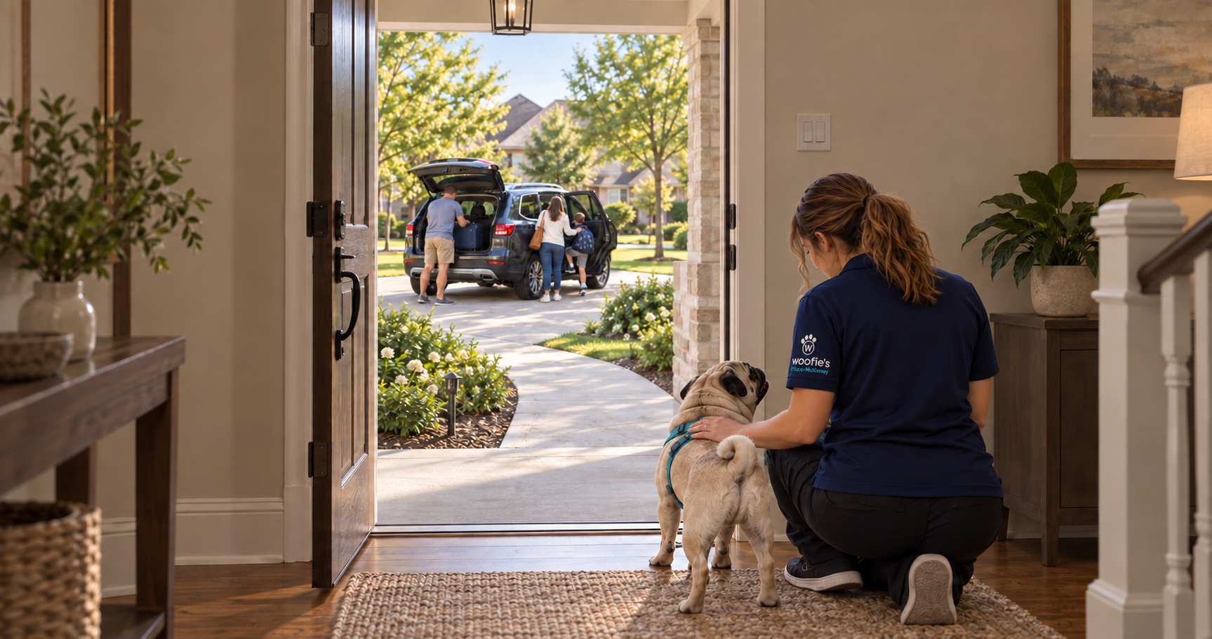 A sitter and pug stay inside the home while a family loads luggage and helps a child into the car outside.