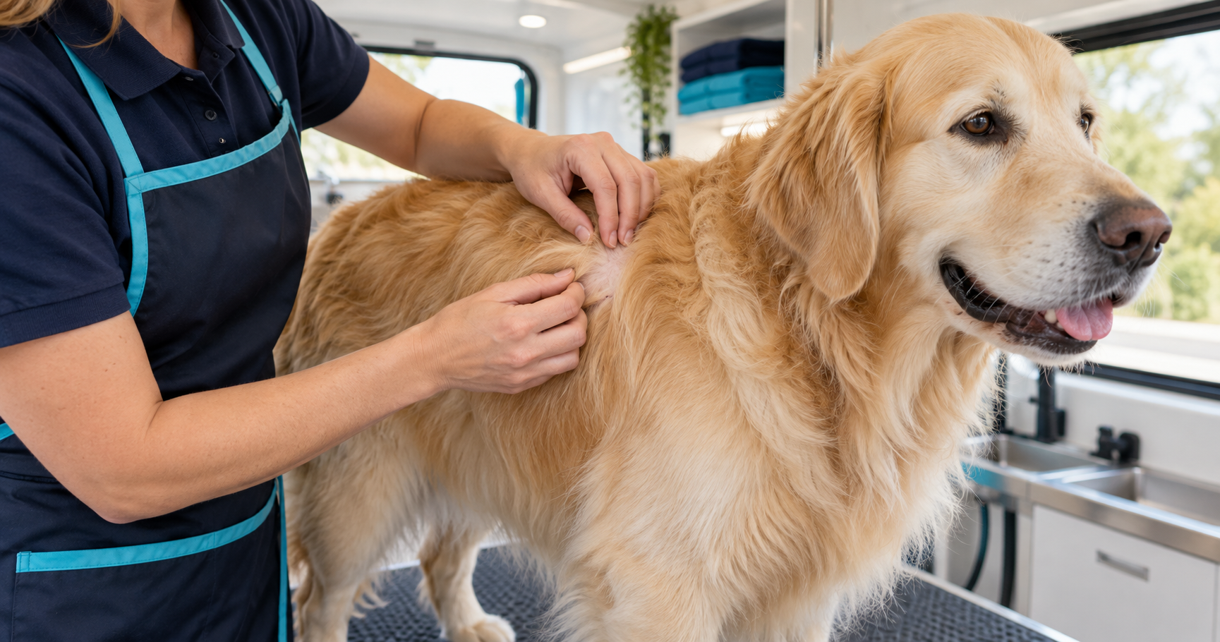 Groomer gently parting a Golden Retriever's coat inside a mobile grooming van.
