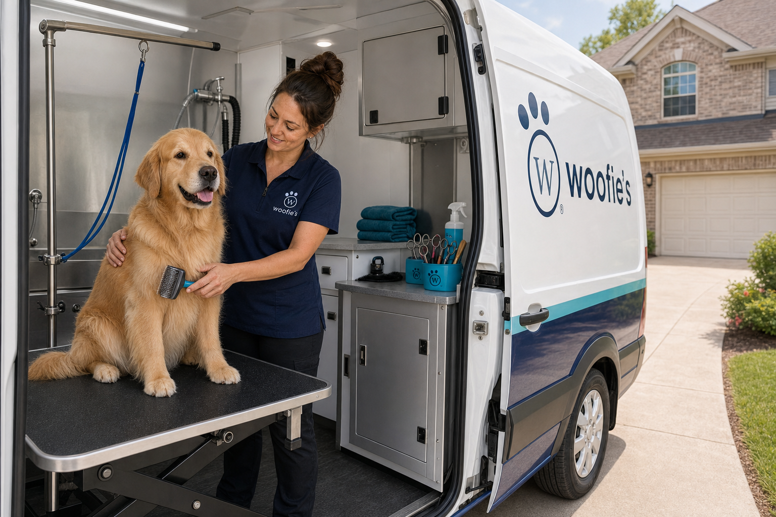 Woofie's groomer brushing a Golden Retriever inside a mobile grooming van parked at a North Texas home