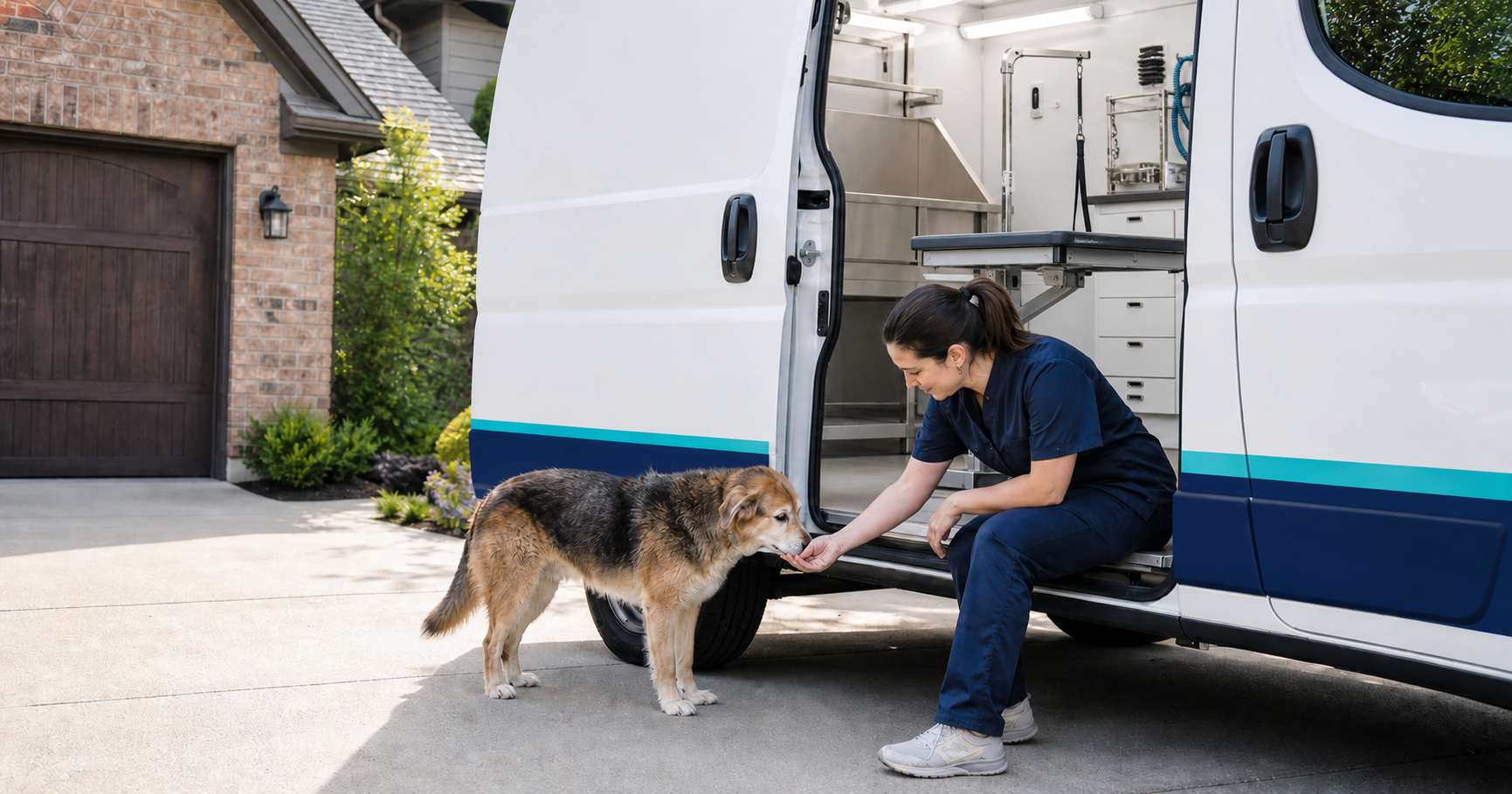 Mobile grooming driveway greeting Mobile grooming for anxious or senior dogs, branded van parked in a driveway with a calm senior dog greeting a groomer