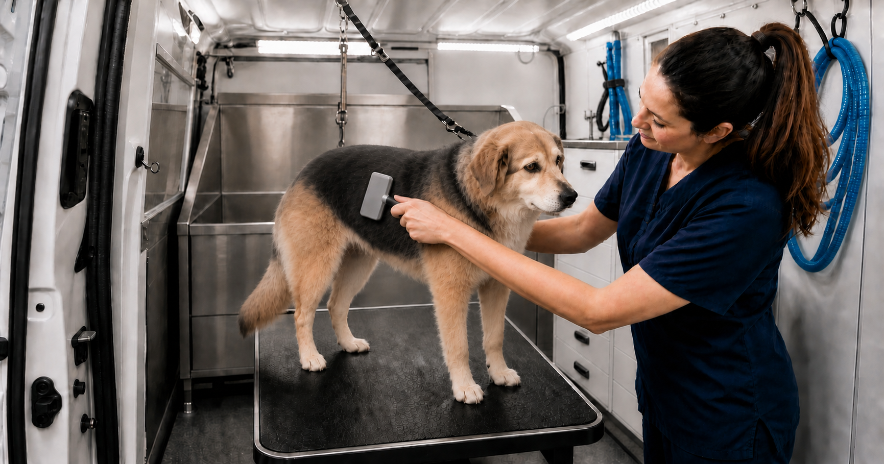 mobile grooming for senior or anxious dogs, Senior dog being gently groomed inside the van